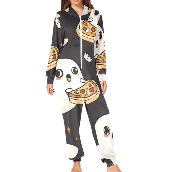 Cute Specter Eating Pizza Halloween Adult's Hoodie Onesie Jumpsuit One-Piece Pajamas with Zipper Unisex for Holiday S