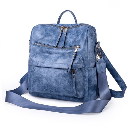 HONGLONG Backpack Purse for Women, PU Leather Large Waterproof Shoulder Bag Travel Backpacks, Blue