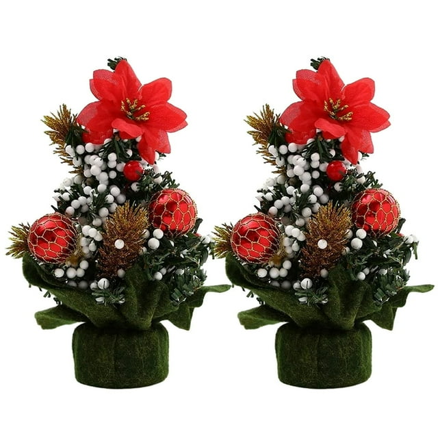 2Pcs Mini Christmas Tree Versatile Tree Ornament with Balls And Bows for Desktops Cabinets Bedrooms Decor