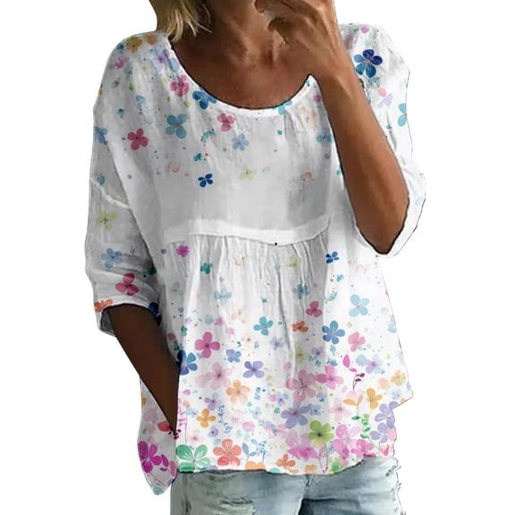 GZWYHT Boho Floral 3/4 Sleeve Tunic Top Women's Print T Shirt Loose Fit Tunic Top Peplum Tops for Women Business Casual Outfits Crewneck Short Sleeve Shirts Clear L