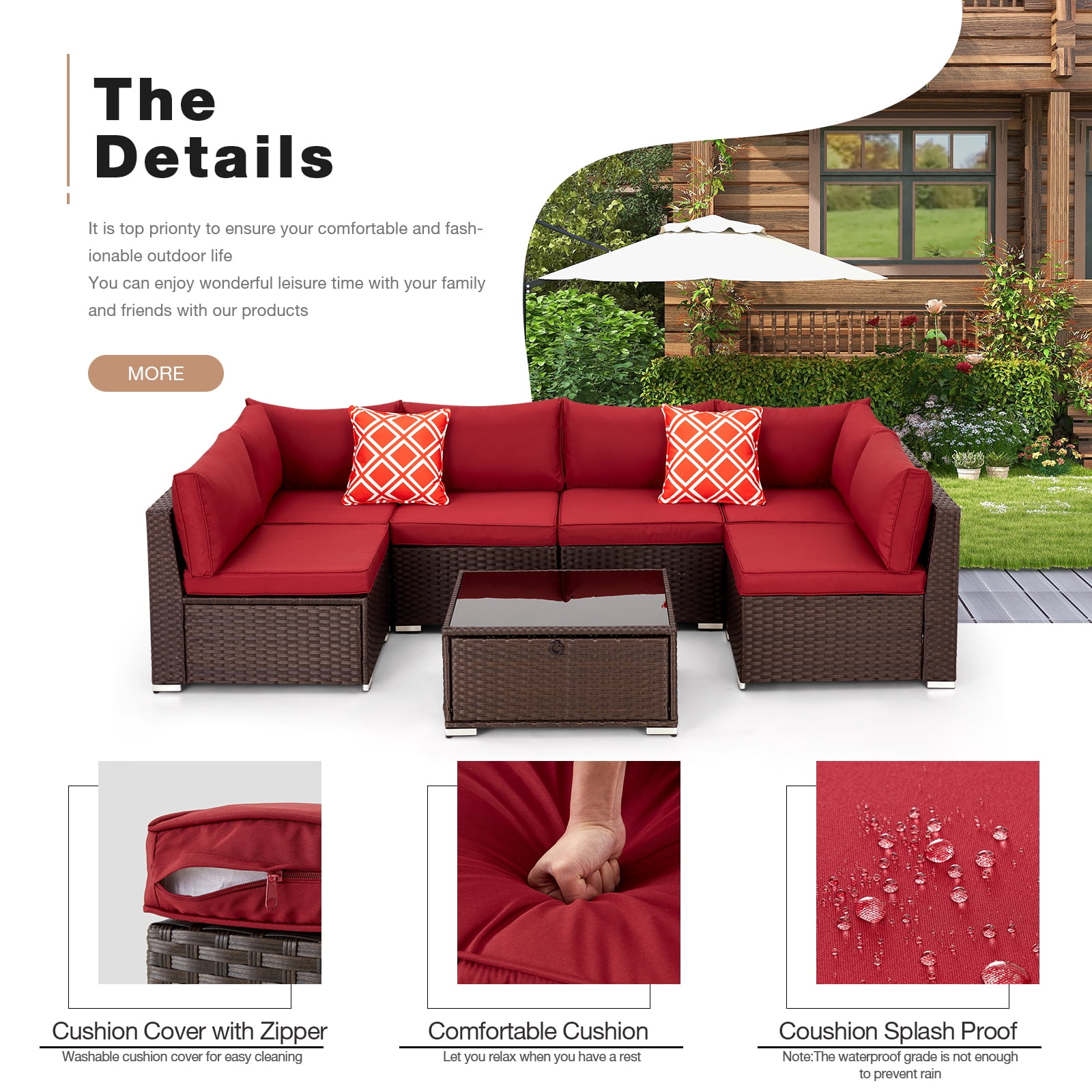 Homrest 7 Pieces Outdoor Sectional Sofa, Wicker Conversation Sets, Steel Frame, Red