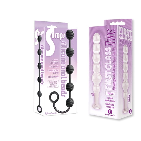 Sex toy Gift Set bundle of S Drops Silicone Anal Beads, Black And Icon Brands Glass Thins, Elliptical Glass Plug