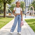 thumbnail image 5 of FEDPOP Girls Wide Leg Baggy Jeans, High Waisted Denim Pants with Pockets, Casual Y2K Loose Trousers for Kids, Blue, 8-14Y, 5 of 7