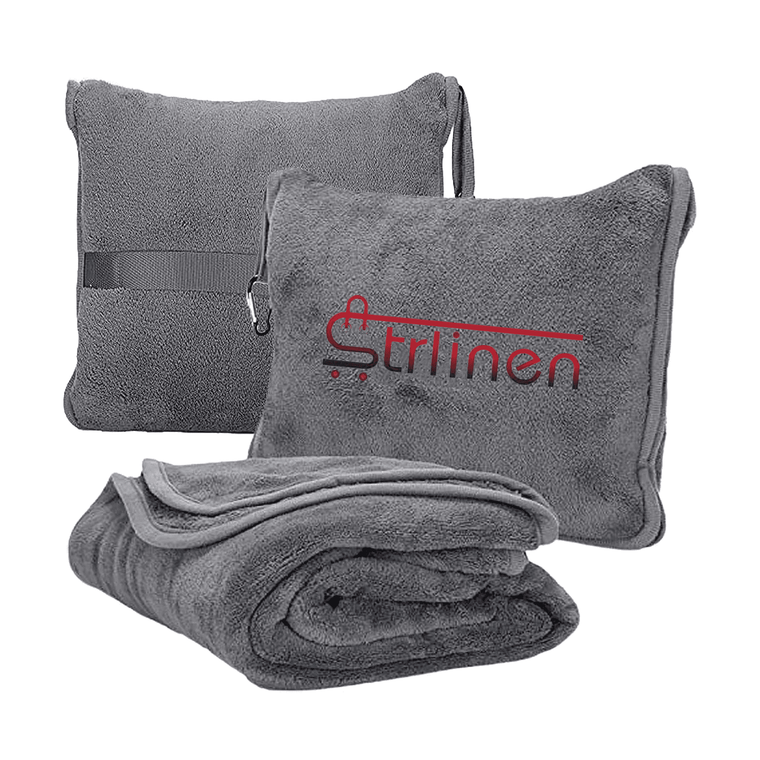 Strlinen Travel Blanket and Pillow - Premium Soft 2 in 1 Airplane Blanket with Soft Bag Pillowcase, Hand Luggage Sleeve and Backpack Clip (Grey)