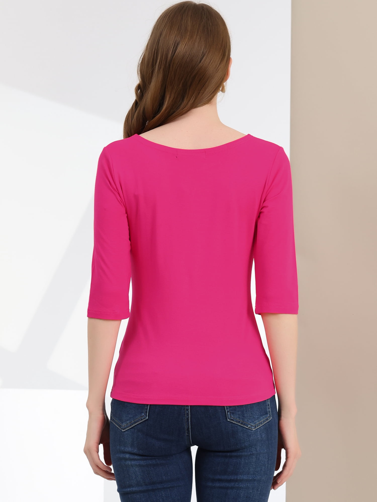 DARING DIVA Women's Elbow Sleeves Boat Neck Slim Fit Classic Tee M Rose Red