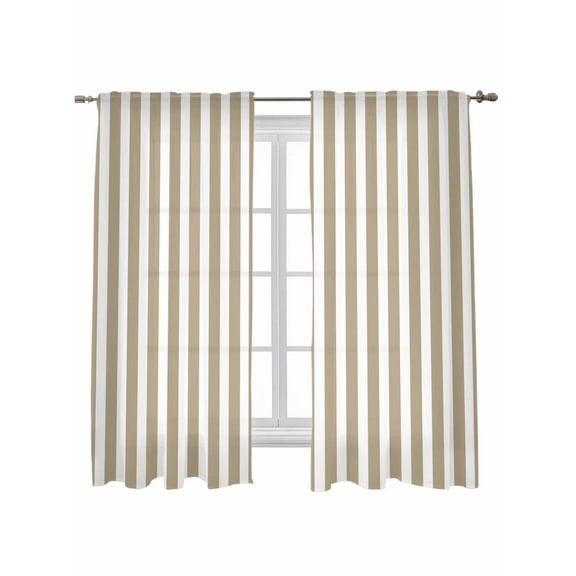Beige Striped Curtains 72 Inch Length, Sheer Curtains for Bedroom Living Room Window Modern Farmhouse Beige White Stripes Rod Pocket Voile Drapes Kitchen Curtains Small Half Window 52"x72" 2 Panels