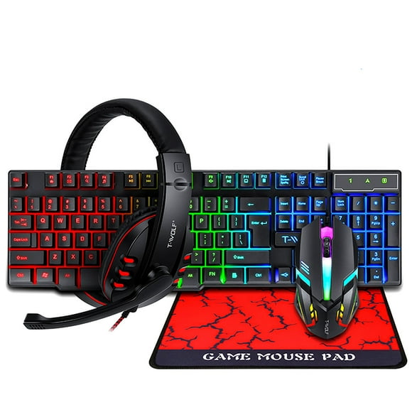 T-WOLF Gaming Combo TF800 Keyboard/Mouse/Headphone/Mouse Pad Wired Gaming Set with Backlight 104-Key 3.5mm Plug Compatible with Computer Tablet Switch