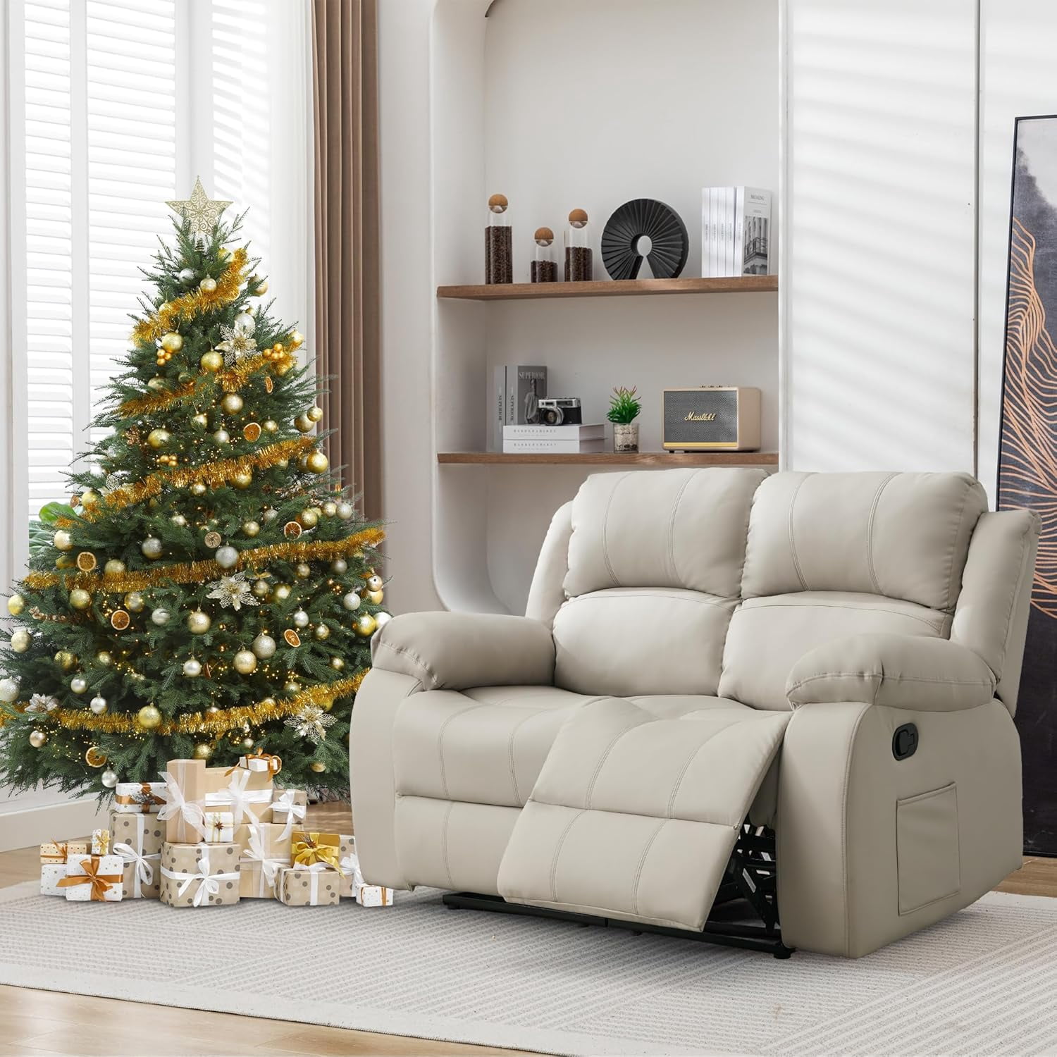 Chizzysit Reclining Couch Sleeper Sofa Set Chaise Lounge Chair Leather Recliner Couch Loveseat for Living Room, Theater Seating - Beige