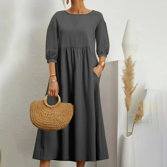 Fartey Cotton Linen Dresses for Women Short Sleeve Maxi Dress Casual Flowy Pleated Summer Dress with Pockets Solid Color Beach Sundress Gray S-2XL