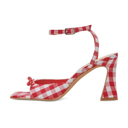 XYD Women Sweet Plaid Flared Mid Heels Open Square Toe Sandals Bowknot Lawn Party Lovely Shoes Size 14 Red