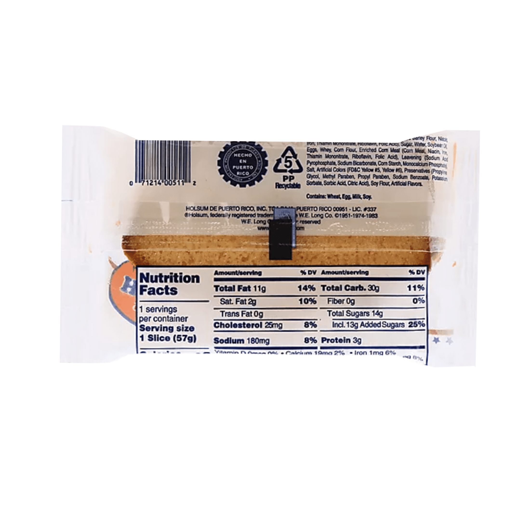 Holsum Soft Cornbread White Cake, 2 oz, Single pack, Shelf Stable