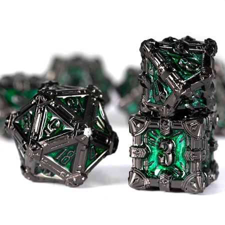 GOOBETTER Metal Dnd Dice Set with Box, Colorful Skull DND Dice 7-Piece for RPG D&D Dungeons and Dragons Gifts(Black Plated Green)