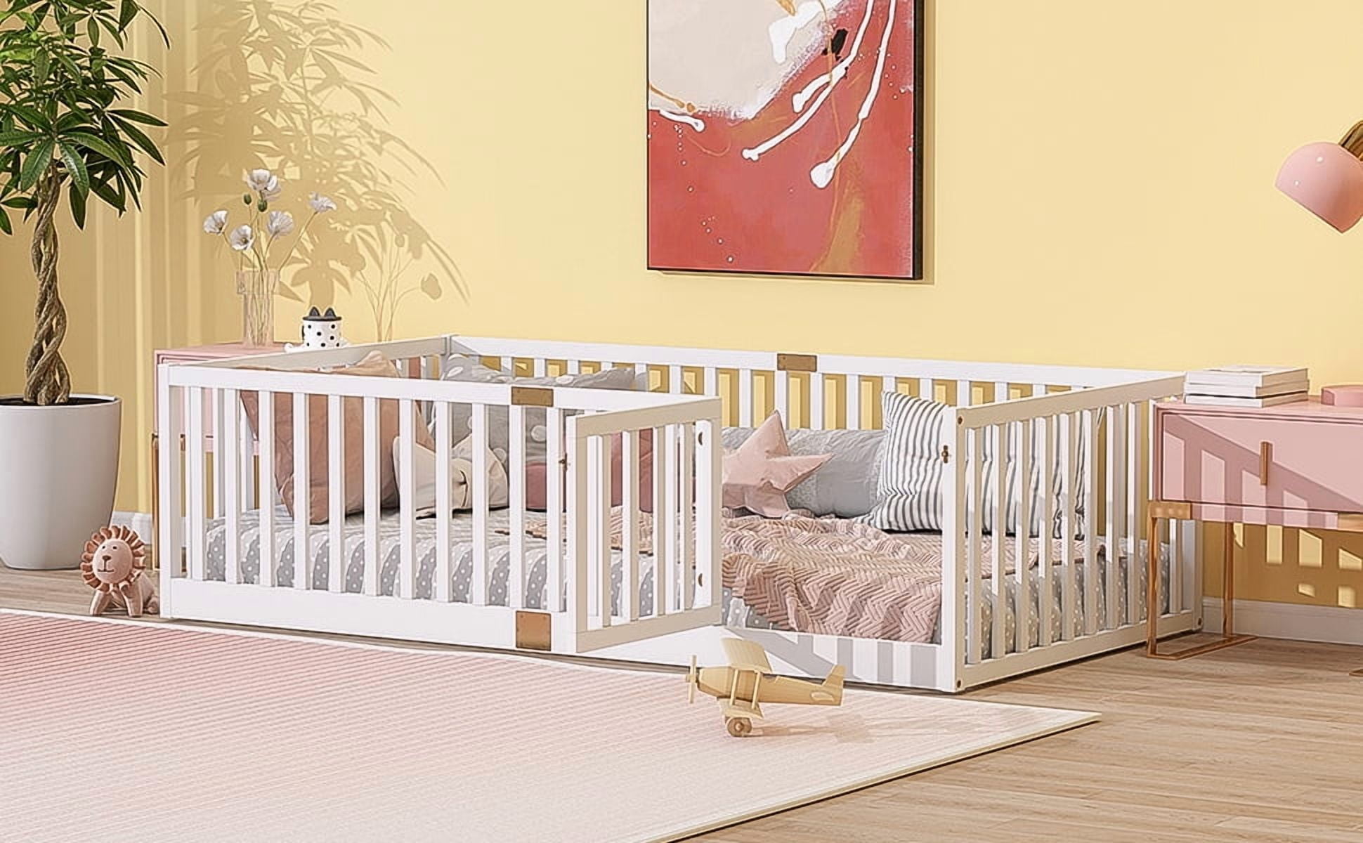 Twin Size Floor Bed with High Fence Railings, with Door, Rubber Wood Floor Bed with Safety Guardrails,White (Old Sku W504P287652)