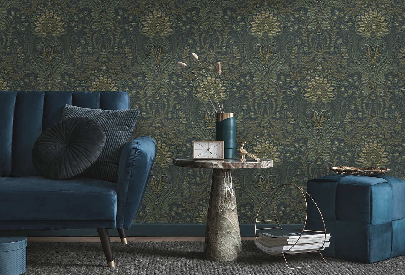 Blue Orange Bold Paisley Design Metallic Damask Wallpaper R8438