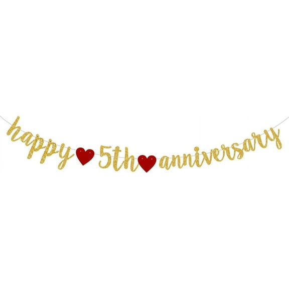 Happy 5th Anniversary Banner/Boys Girls 5th Birthday Party Decor / 5th Wedding Anniversary Party Decorations Gold Glitter