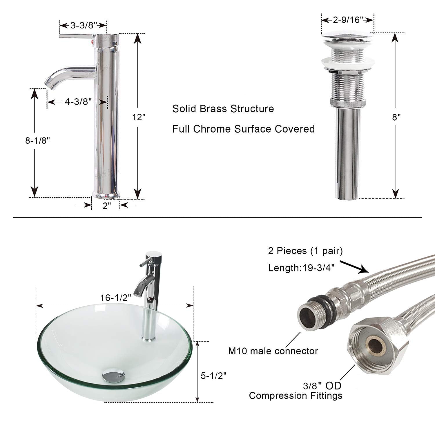Eclife 24" Gray Bathroom Vanity Set with Wood Top, Clear Glass Sink, Water Saving Faucet, Pop up Drain Combo