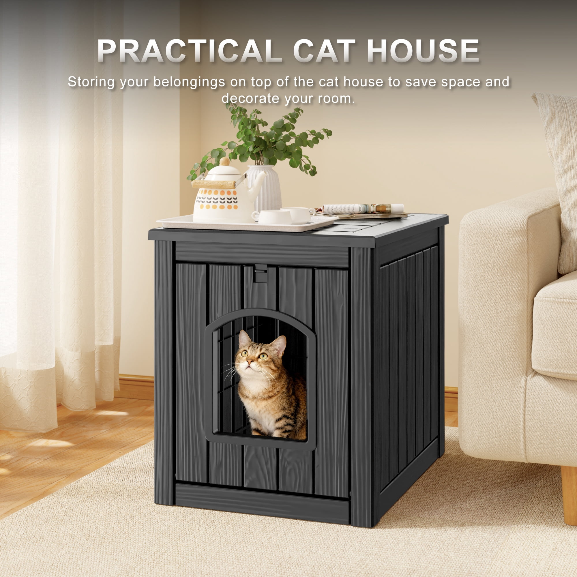 LHBcraft Outdoor Cat House, Weatherproof PP Cat Shelter for Feral & Stray Cats, Durable All-Season Pet House for Garden & Patio ,Black