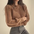 thumbnail image 4 of Autumn Winter Knitting Tops Round Neck Puff Long Sleeve Solid Color Loose Fit Casual Top Ribbed Trim Pullover Sweater, 4 of 8