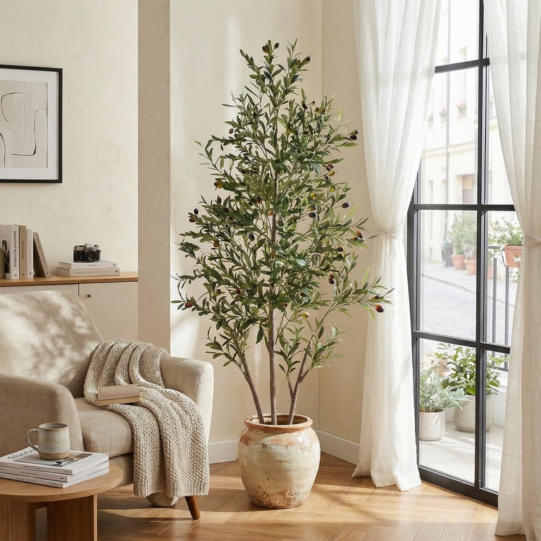 Novaroot 6FT Artificial Olive Tree Tall Faux Potted Olive Tree with Lifelike Fruits - Lush Faux Potted Plant for Home/Office Decor Indoor Ourdoor