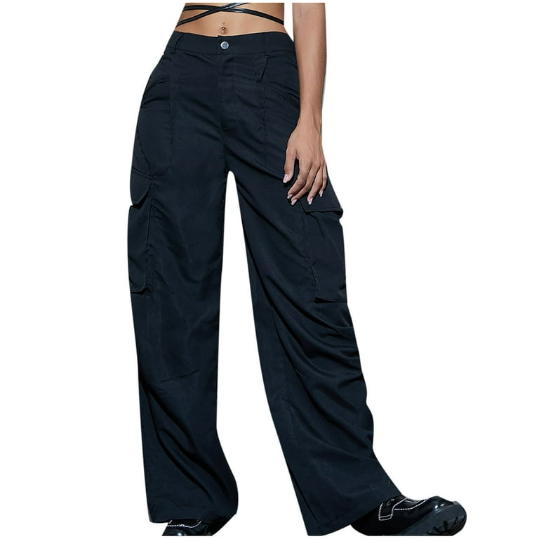 Cargo Pants for Women Low Waist Wide Leg Sports Pants Casual Oversize Punk  Multi-pocket Long Pants Streetwear(XS,Black)