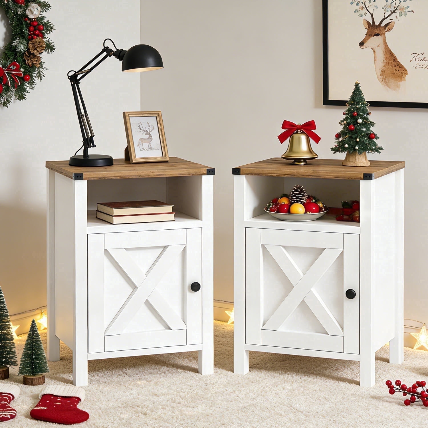 EVOKEDEN Farmhouse Nightstands Set of 2, Rustic Vintage Side End Table w/ Storage & Barn Door for Bedroom Living Room, White