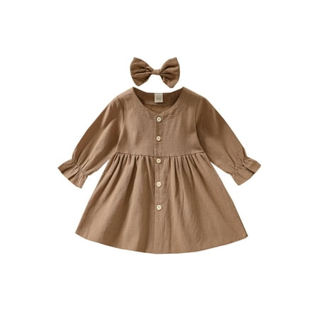 

WakeUple 4 Colors Lovely Baby Girls Dress Headband 0-4Y Solid Long Flare Sleeve Single Breasted A-Line Dress