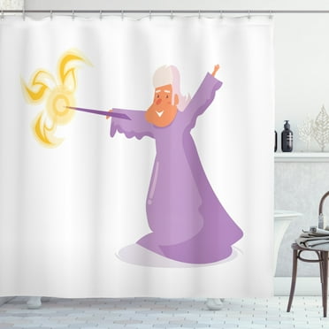 Magician Shower Curtain, Funny Cartoon of Old Wizard Man Doing Magic with Wand, Fabric Bathroom Set with Hooks, 69W X 70L Inches, Pale Purple Salmon, by Ambesonne