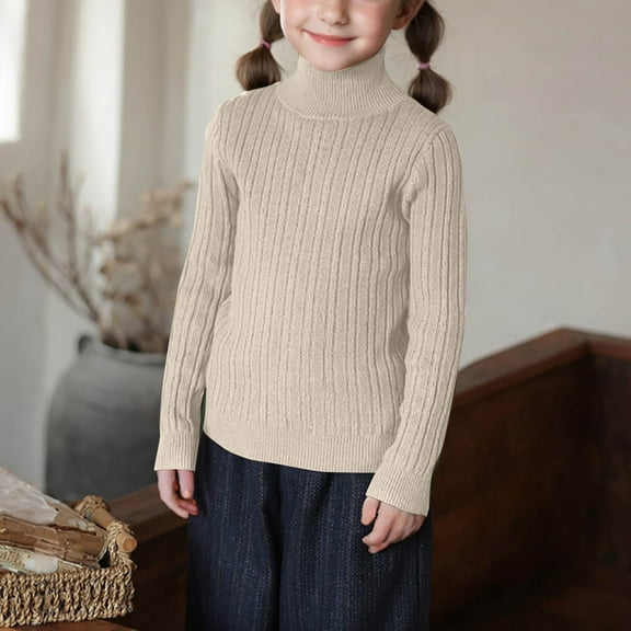 Bnwani Sweaters for Girl Knitted Cotton Turtleneck Long Sleeve Comfortable Casual Solid Sweater Beige