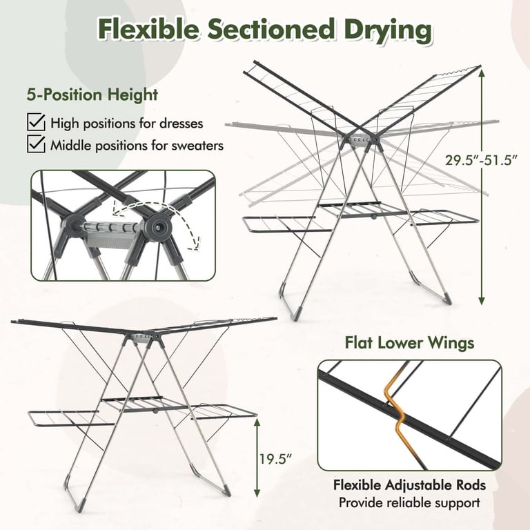 2-Tier Foldable Drying Rack - 33 Rails Stainless Steel Laundry Rack With Adjustable Wings, Indoor/Outdoor Use