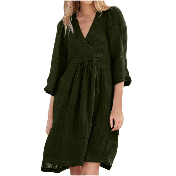 Women's Summer Dress 2025 Fashion Women Summer Casual V-Nek 3/4 Sleeve Solid Mini Dress on Clearance Army Green M