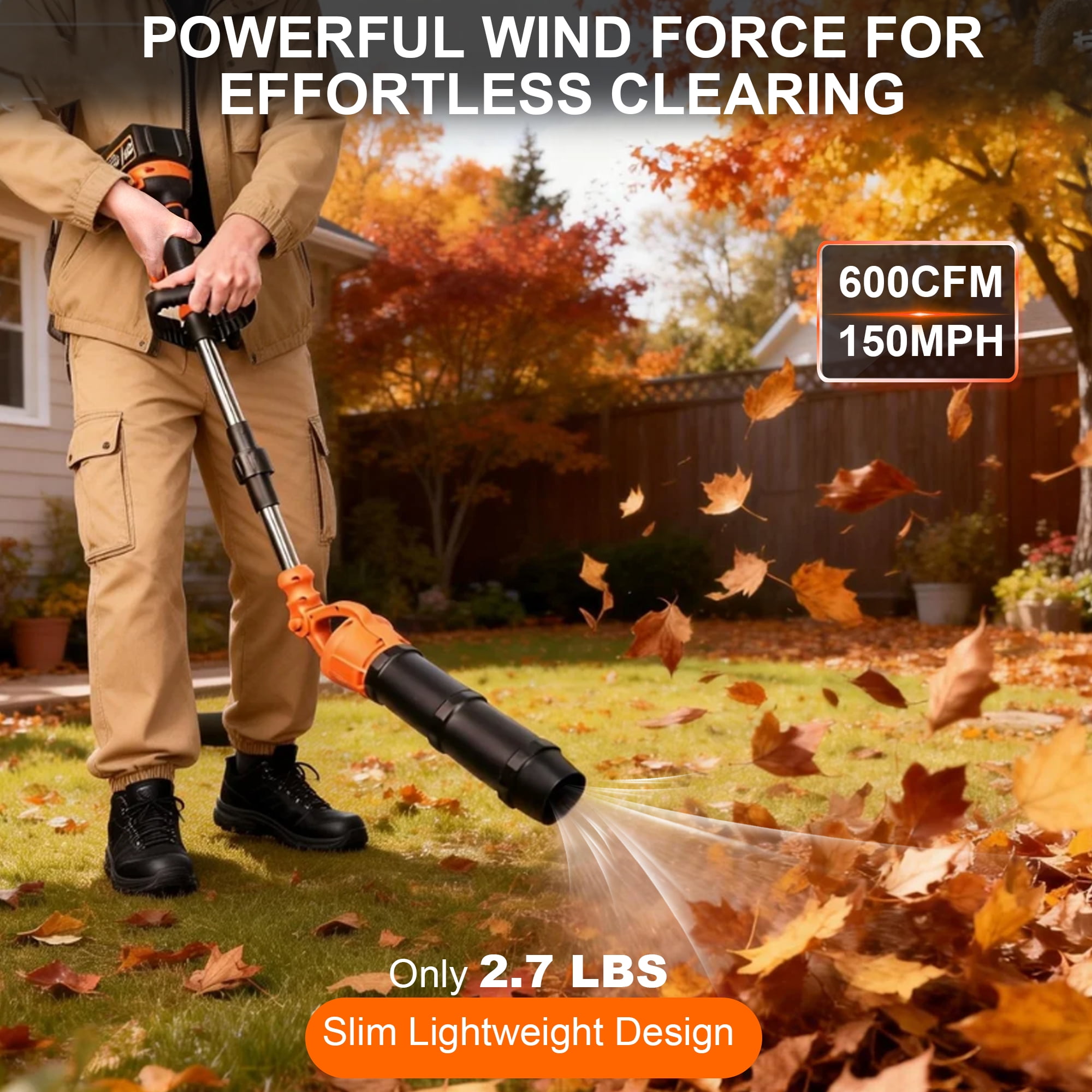 HOTREE Cordless Leaf Blower 600CFM with 2×21V Batteries, Foldable Rotating Design for Lawn Care Patio Cleaning