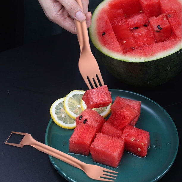 Cortador de sandía de acero inoxidable, herramienta multifuncional para cortar en cubitos y partir con 2 tenedores, mango antideslizante para cortar fácilmente, ideal para barbacoas
