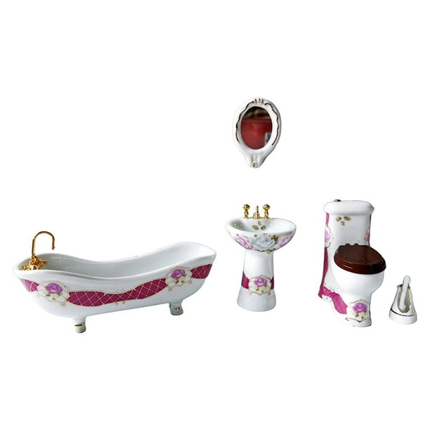 Juego de baño de porcelana para casa de muñecas de 5 piezas, muebles en miniatura, juguetes, modelo creativo, sala de estar, bañera, cepillo de inodoro, lavabo, espejo, estilo para niñas