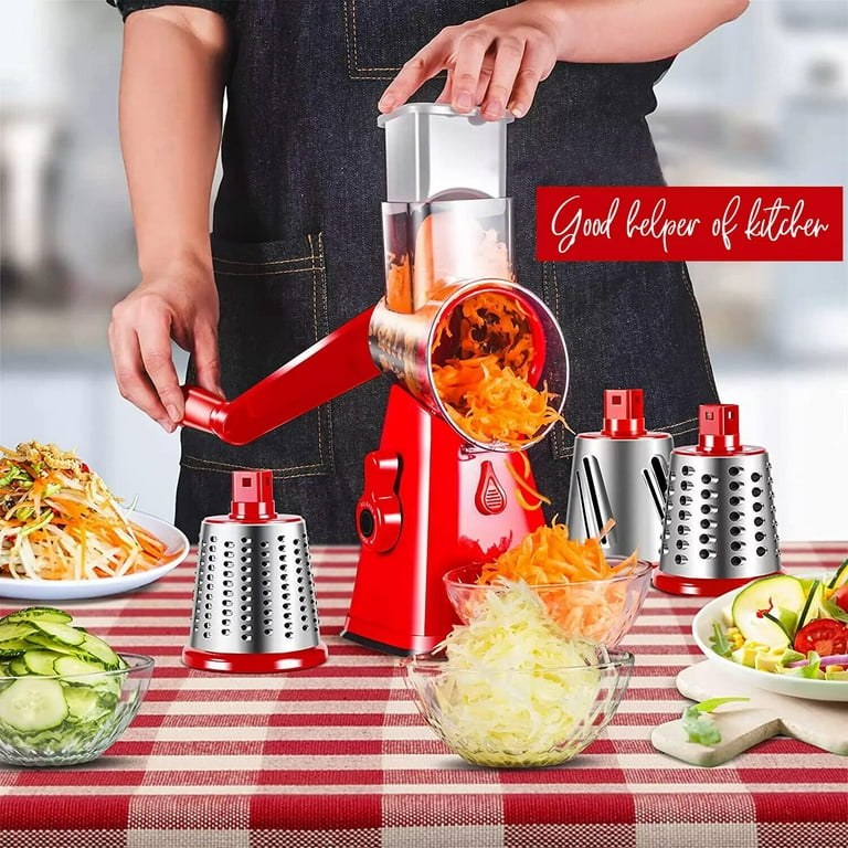 Premium Rotary Cheese Grater, Manual Cheese Grater with Handle, Handheld  Vegetables Slicer Cheese Shredder with Rubber Suction Base, 3 Stainless Drum  Blades Included, Easy to Use and Clean, Blue 