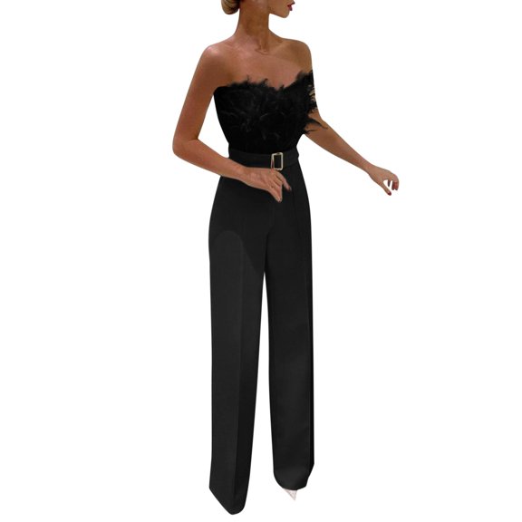 LEKODE Women Strapless Feather Tube Top Jumpsuit, Belted Straight Long Pant Romper for Elegant Date Night Outfit summer outfits Black S