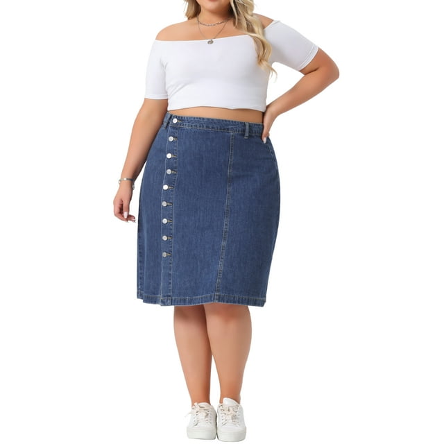Falda de mezclilla de mujer plus size Agnes Orinda, de cintura alta, con botones en la parte frontal, sólida, casual, tipo A, midi, talla 1X, color azul