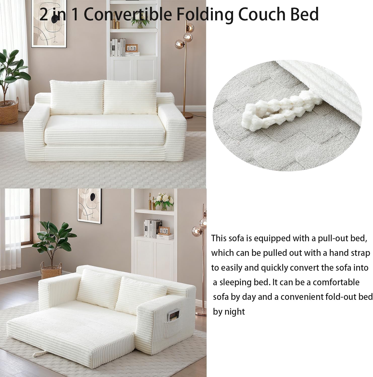 73" 2-in-1 Convertible Sofa Bed, Memory Foam Corduroy Loveseat, No Assembly, Beige
