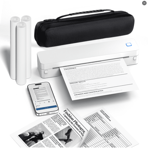The D830 portable wireless thermal printer includes 3 rolls of paper and a carrying case, making it suitable for travel and office use. It features thermal paper, inkless printing.