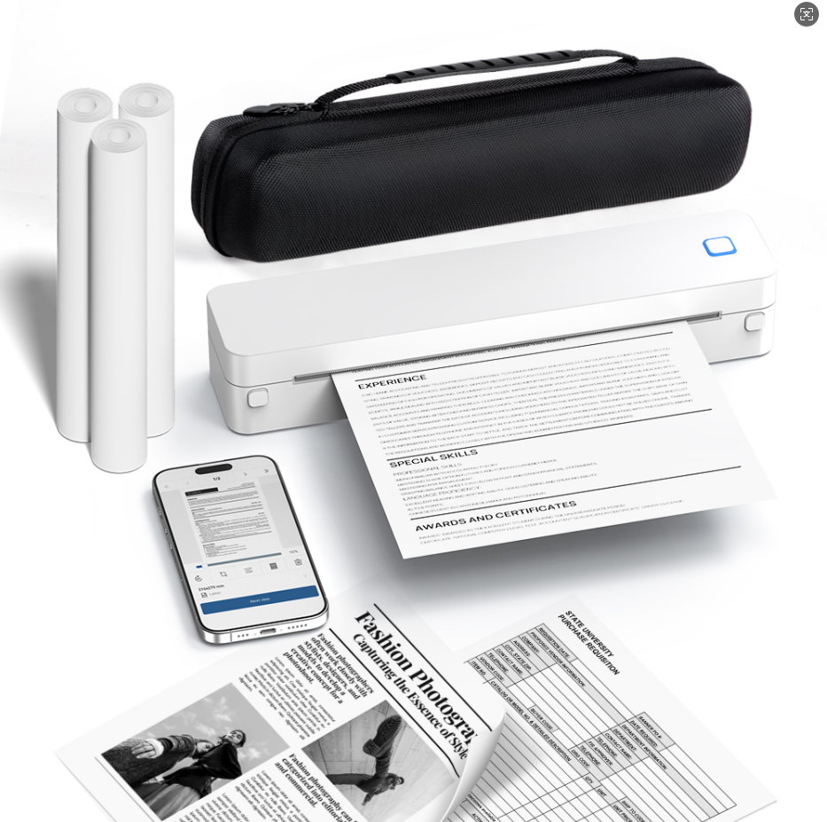 The D830 portable wireless thermal printer includes 3 rolls of paper and a carrying case, making it suitable for travel and office use. It features thermal paper, inkless printing.