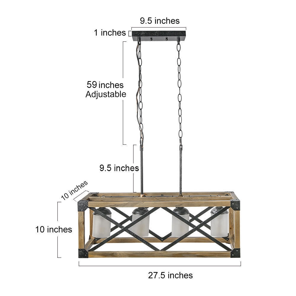 LNC 4 Lights Antique Black and Brown Wood Farmhouse Linear Rectangular Chandelier for Kitchen Island