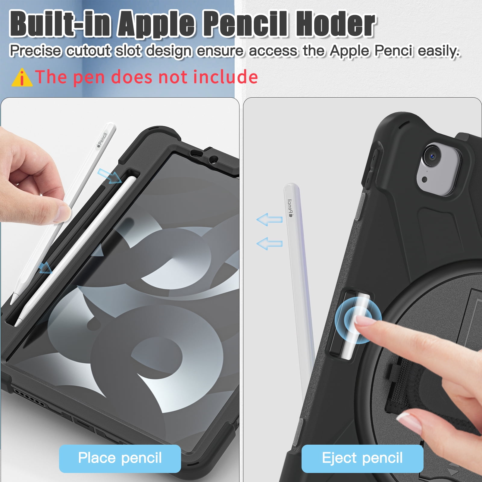 ELEHOLD Case For Apple iPad 11th(A16) 2025/10th Gen 2022, Military Grade Silicone Hybrid Rugged Case with Pencil Holder Rotating Stand Hand/Shoulder Strap,Black