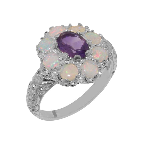 LBG British Made 925 Sterling Silver Natural Amethyst & Opal Womens Statement Ring - 33 size options - Size 10
