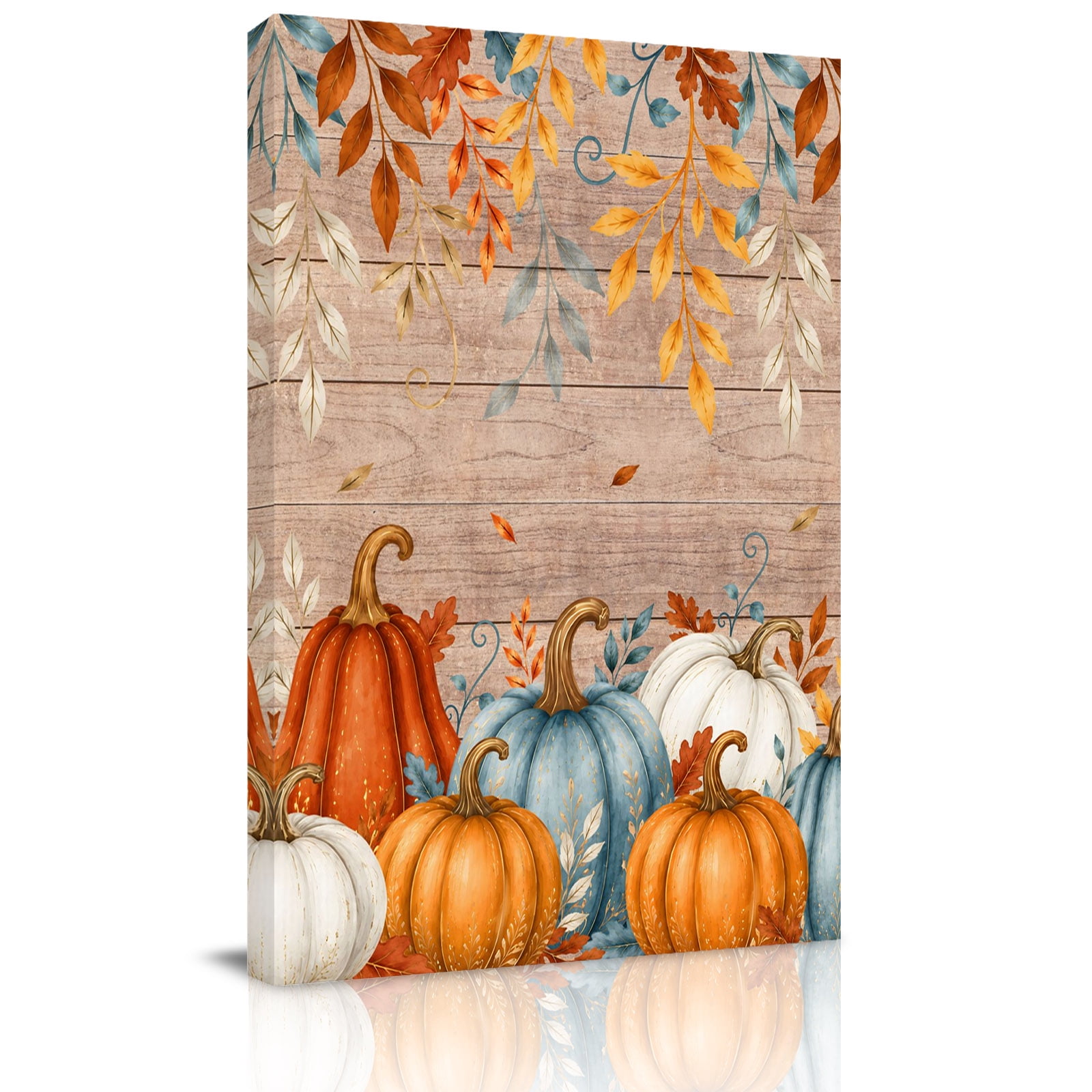Canvas Wall Art Teal Orange Fall Framed Canvas Prints for Bedroom Bathroom Retro Thanksgiving Pumpkins Leaves Wooden Gallery Wrapped Wall Decor for Home Office Gifts 11 x14 Ship Next Day