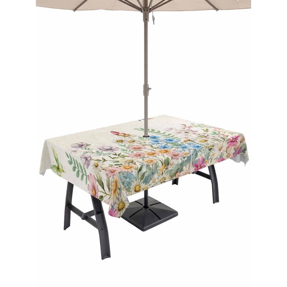Outdoor Tablecloth with Umbrella Hole for Patio/Picnic/Party/Camping, Colorful Floral Waterproof Table Cloth Rectangle Table Cover Washable, Farmhouse Vintage Dragonfly Butterfly Flower (60"x 102")