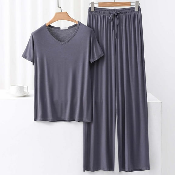 Fnooota Summer Pajama Sets for Women, 2-Piece Short Sleeve Soft V Neck Sleepwear Sets Gray Size M