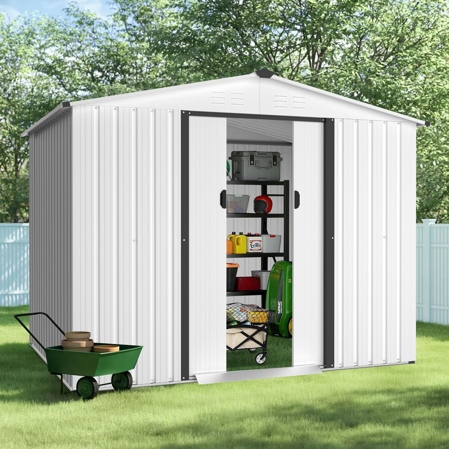 SOLAURA 8'x6' Outdoor Metal Storage Shed Garden Tool Shed with Sliding Door - White