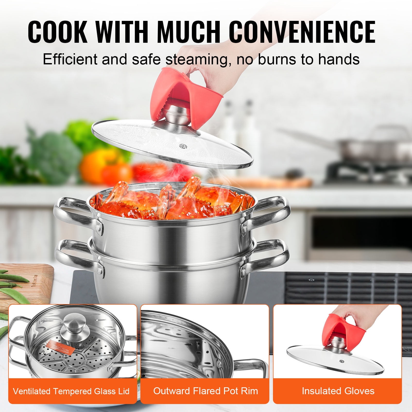 KFFKFF Steamer Pot, 9.5in/24cm Steamer Pot for Cooking with 5QT Stock Pot and Vegetable Steamer, Food-Grade 304 Stainless Steel Food Steamer Cookware with Lid for Gas Electric Induction Grill Stove