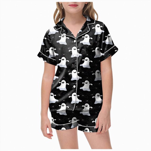 NIEWTR Kids Satin 2 Piece Outfits Girls Halloween Pajamas Sets Short Sleeve Sleep Top and Shorts Pajama Set 2-Piece Full Suit Clothes