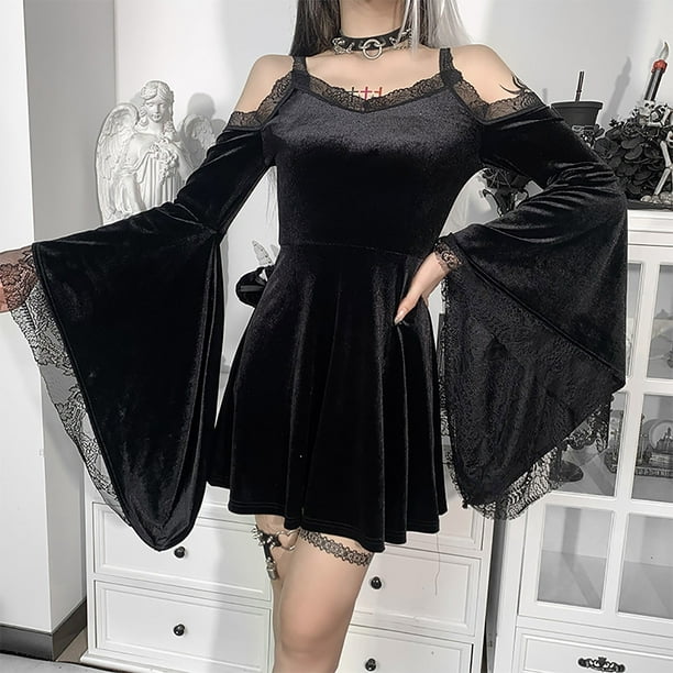 Vestido gotico de mujer Soild manga larga ahueca hacia fuera encaje Patchwork Punk vestido de noche Fridja nbo2890 Bodega Aurrera en linea