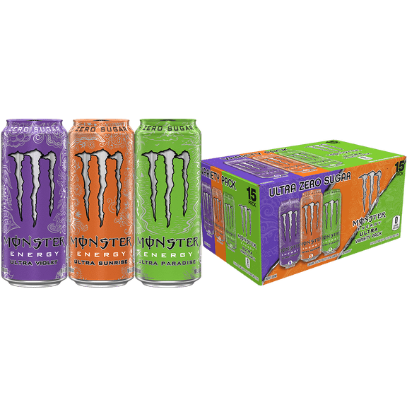 Monster Energy Ultra Variety Pack Energy Drink, Zero Sugar, 15-Pack, 16 Oz Cans